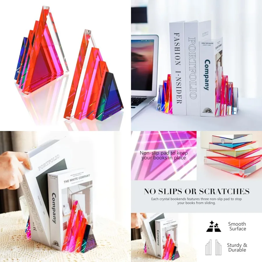

1Pair 3Lbs Crystal Bookends for Shelves Decorative Glass Bookends for Heavy Books Geometric Shape Non-Skid Book Ends Heavy Book