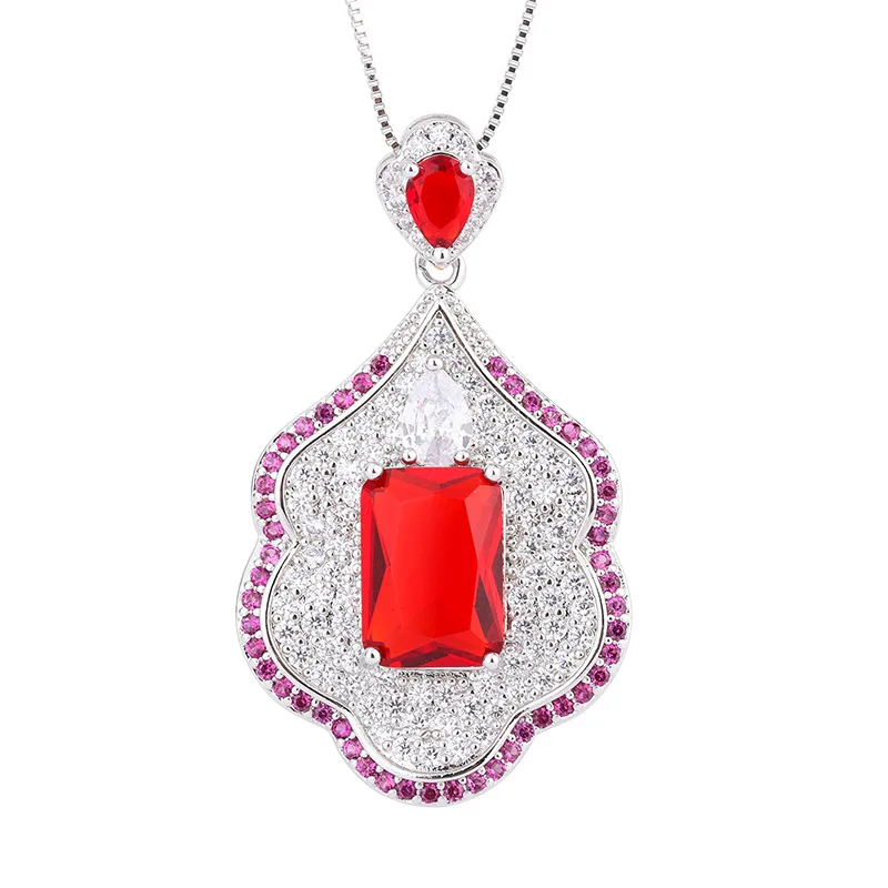 European and American Topaz Aquamarine Zircon Necklace Fashion Color-blocking Artificial Gemstone Red Aquamarine Pendant