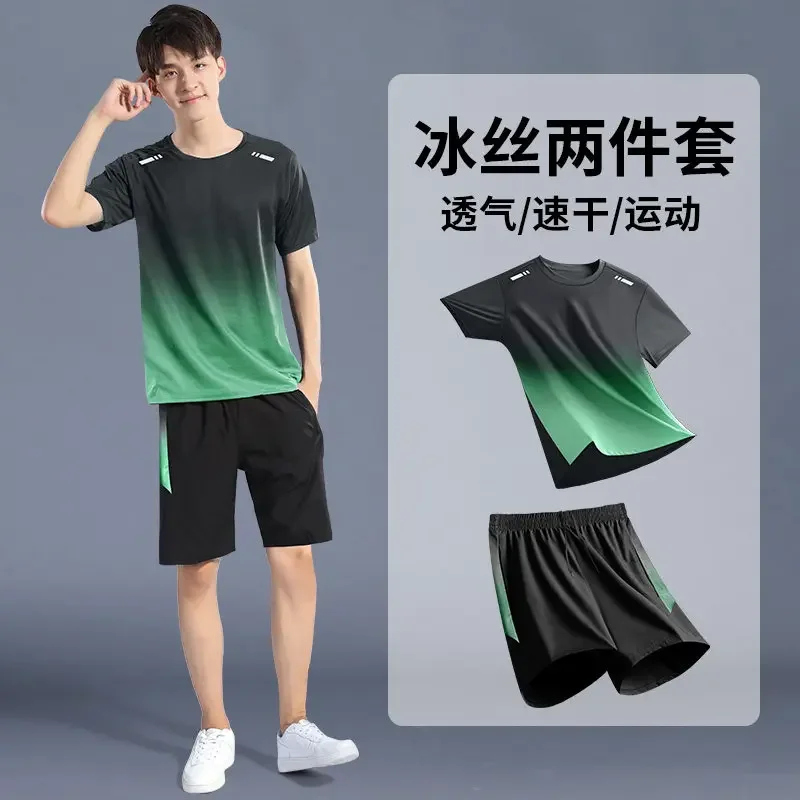 Men's Summer Ice Silk Quick-Dry Sports Set: Short Sleeve T-Shirt & Shorts for Running, Badminton, Basketball & Gym - view 2