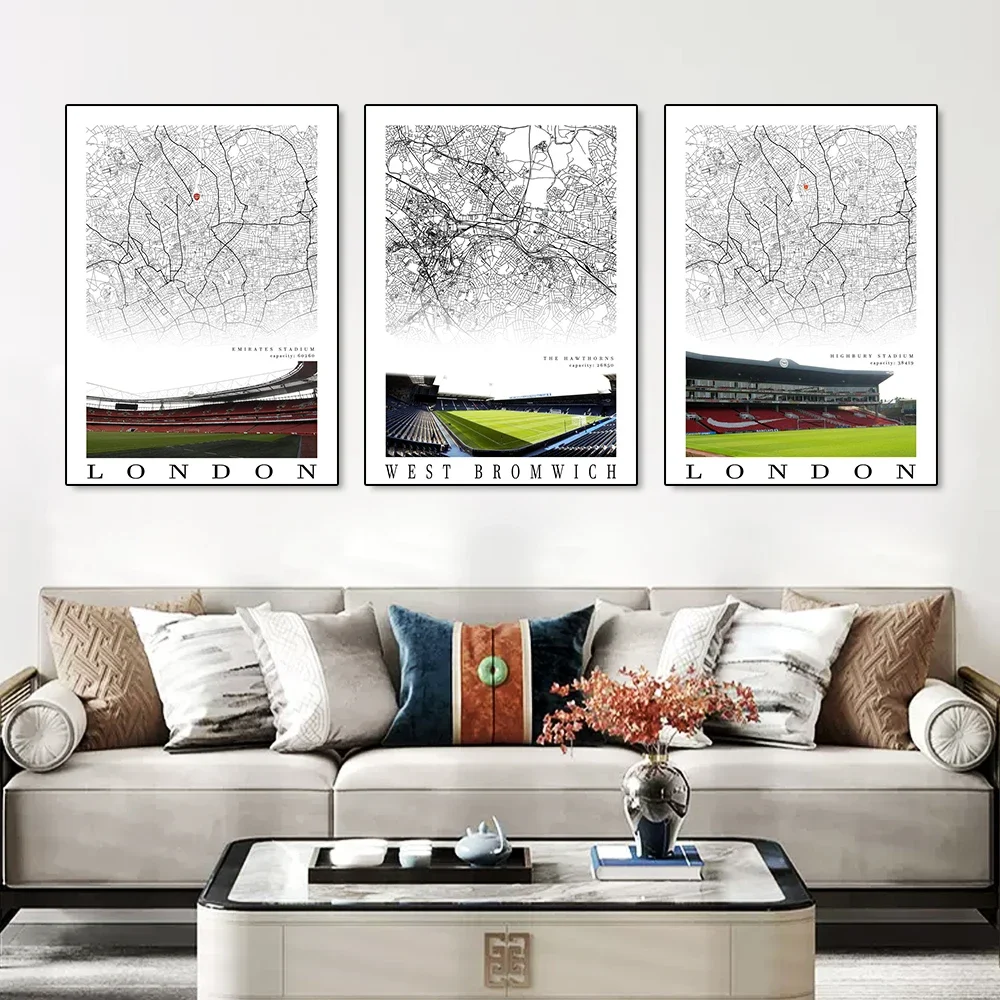 Football Poster Clubs Map Liverpool Manchester Football Stadium Poster Wall Art Canvas Painting for Living Room Home Decor