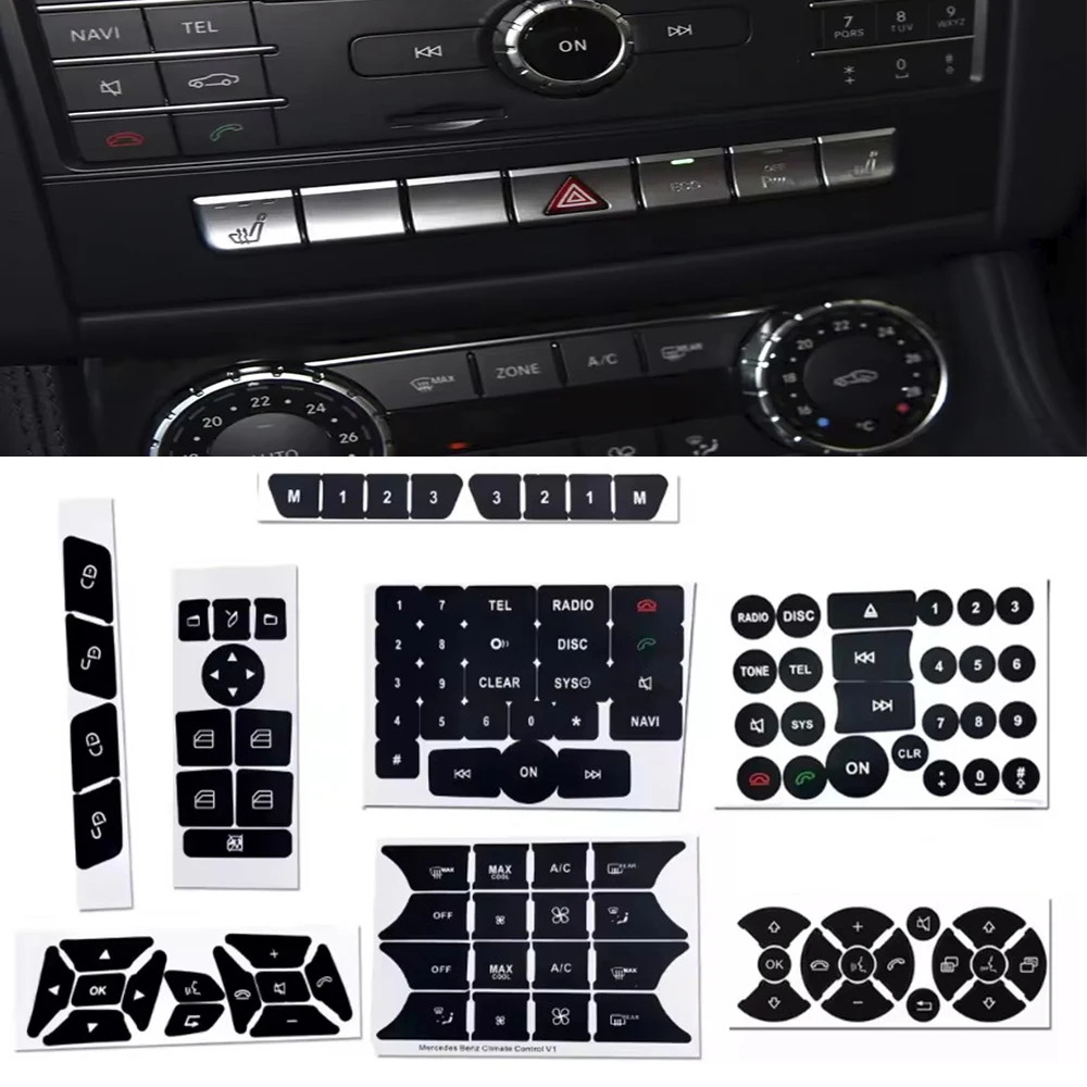 1 Set PVC car Button Repair Stickers For Benz W204 R172 W218 for Climate Control A/C, Steering Steel, Radio, Window, Door Lock