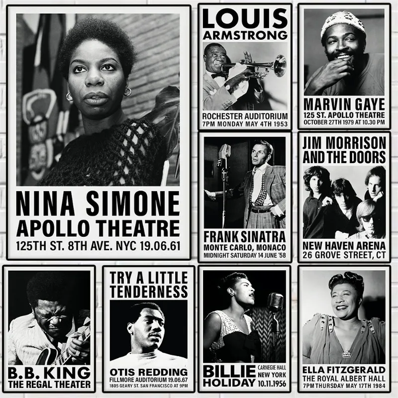 Black and White Concert Musician Photo Poster Frank Sinatra Nina Simone Canvas Painting Music Wall Art for Club Room Home Decor