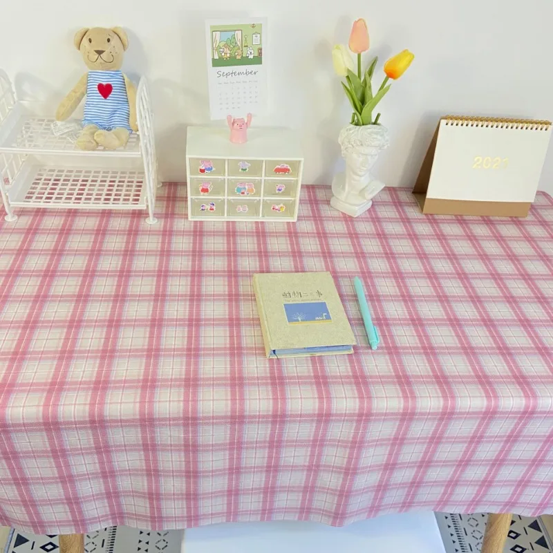 INS Plaid Table Cloth Japanese Fresh Checkered Tablecloth Bedroom Dormitory Dressing Table Mat Rectangular Desk Decor