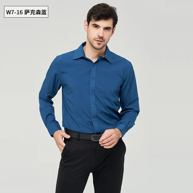 Men Clothing Autumn High-end Tops Business Casual Shirts Men Anti-wrinkle Daily Solid Color Long-sleeve Work Clothes White Shirt