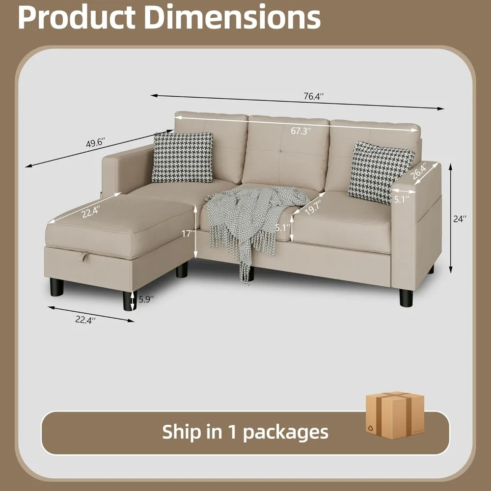 Convertible Sectional Couches for Living Room, L-Shaped Couch 3 Seat Sectional Sofa Set with Linen Fabric and Movable