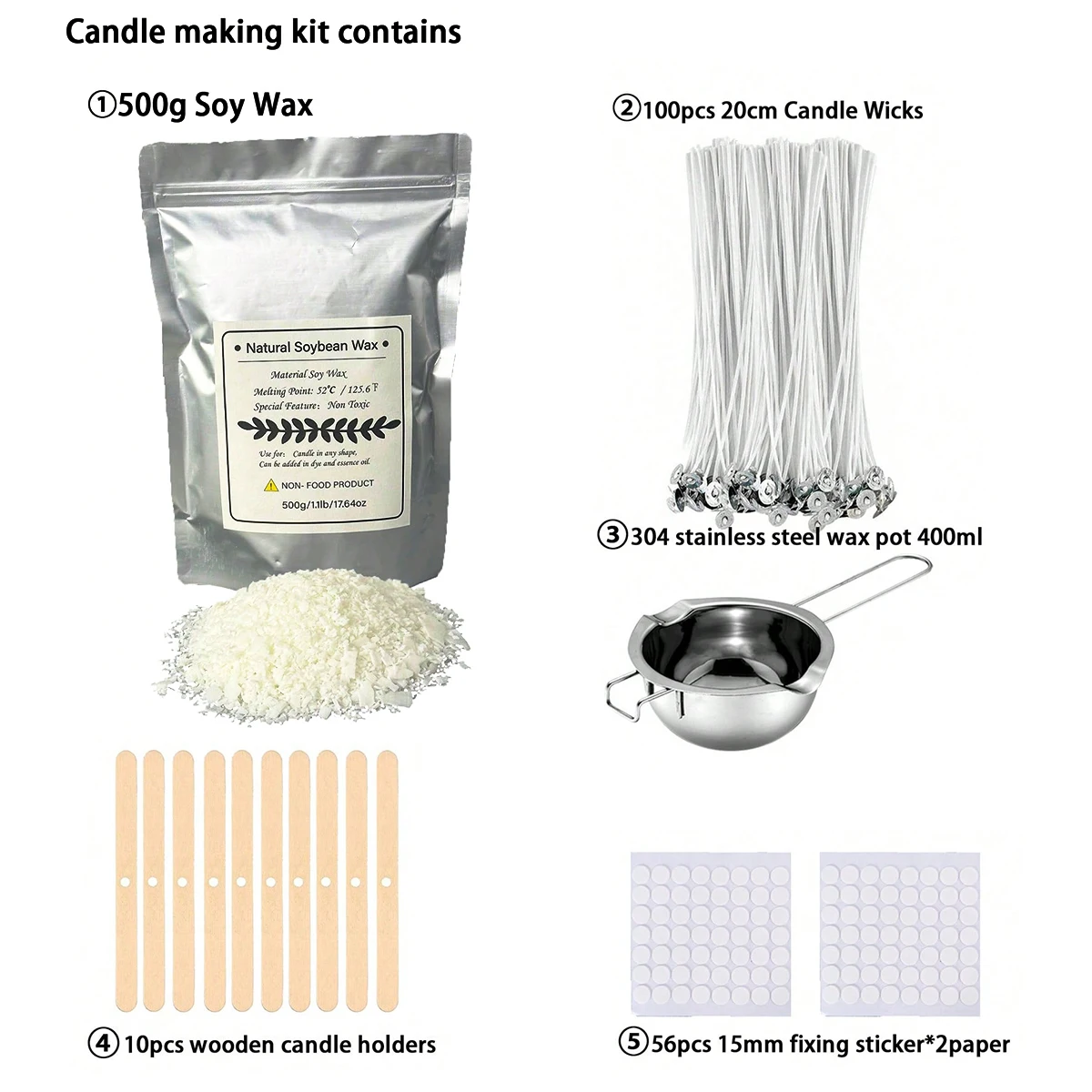 114Pcs Candle Making Kit DIY Handmade Candles Making Supplies Pure Soy Wax Stainless Steel Wax Melting Pot Candle Wicks Holder