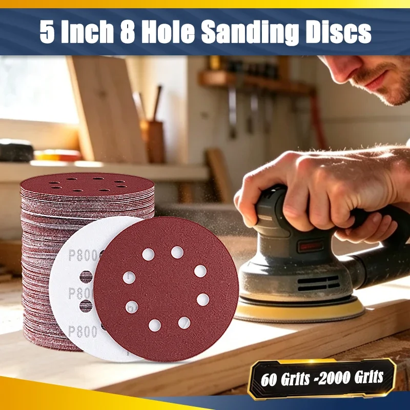 5/10/50pcs Sanding Discs 5 Inch 8 Holes 60-2000 Grits Sand Paper Hook Loop 125mm Power Sander Woodworking Automotive Metal Tools