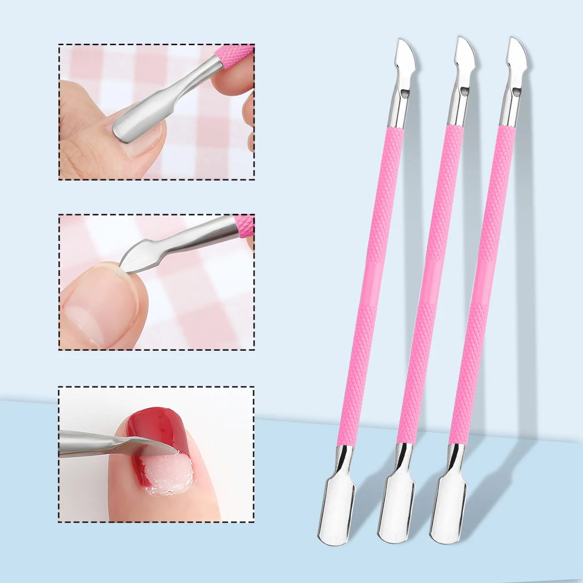3-teiliges Set Doppelköpfiger Edelstahl-Pushers, Doppelköpfige Maniküre- und Peeling-Werkzeuge, Hand- und Fußpflegewerkzeuge.