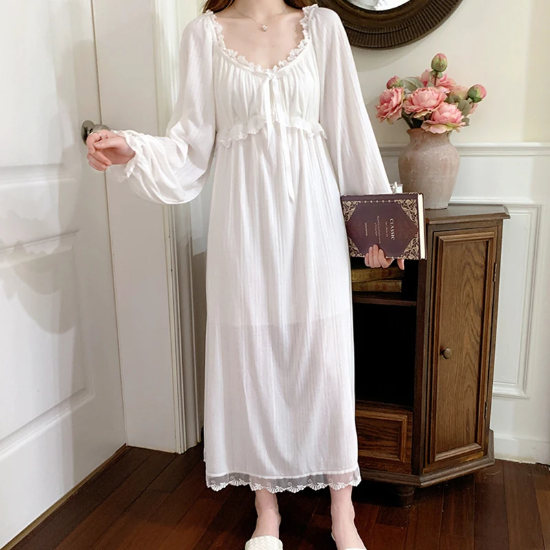 Lace Patchwork Women Princess Robe Sleepwear Long Sleeve Night-robe Loose Nightgown Women\'s Pajamas Solid Brides Wedding Dresses