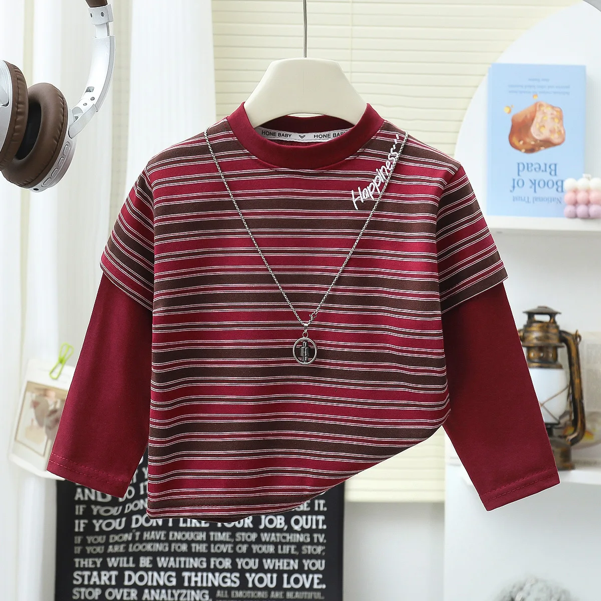 1-10Y Korean Style Kids Boys Striped Top Cotton Splicing Loose Basic Kids T-Shirt Autumn Soft Breathable Children Clothes