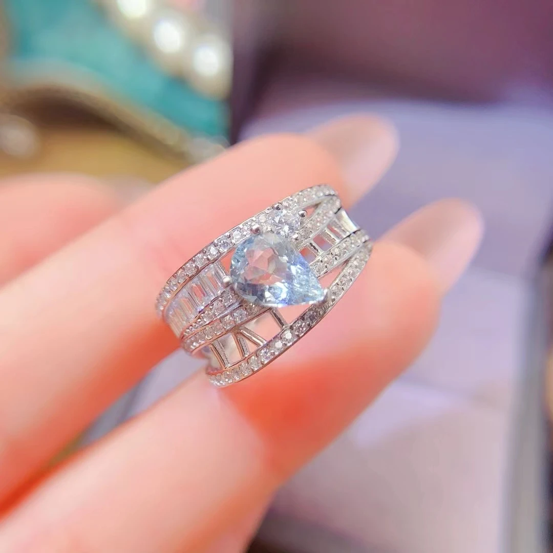 KJJEAXCMY bague aigue-marine naturelle argent S925, processus de couleur de verrouillage électrolytique, haute clarté pleine de lustre Test de Support