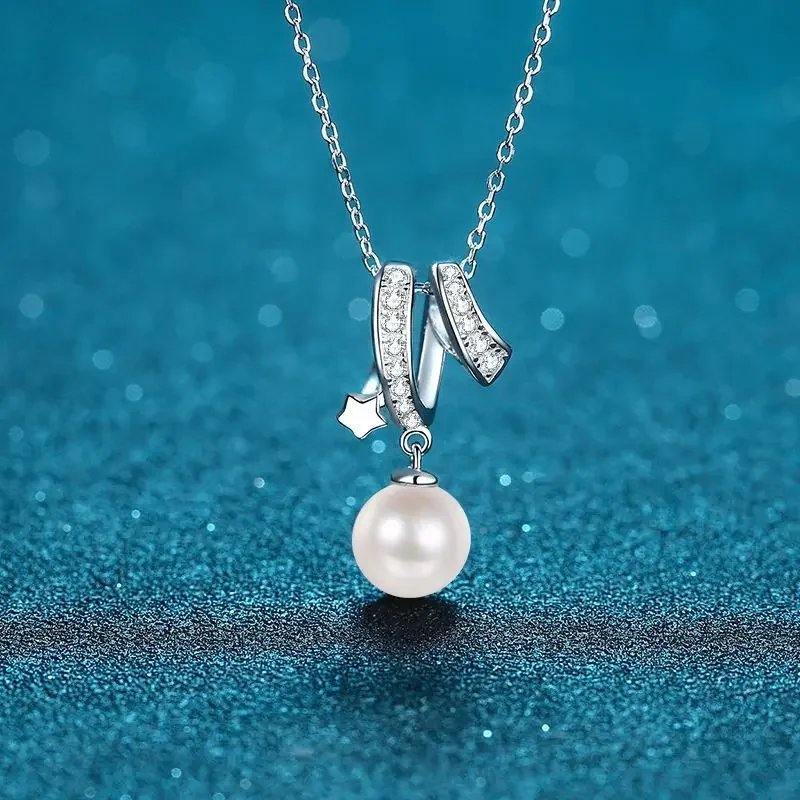 S925 Sterling Silver Clavicle Chain for Women Cross Design 8mm Flawless Pearl Moissaniter Women