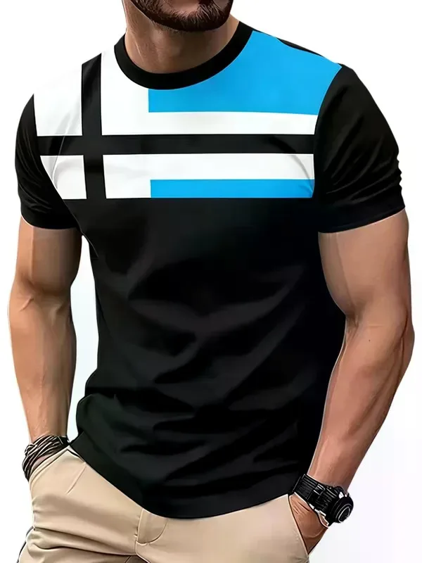 Fashion Men's Geometric Color Block T‑Shirt Color Splicing Graphic Short Sleeve Casual Crew Neck Tee Tops