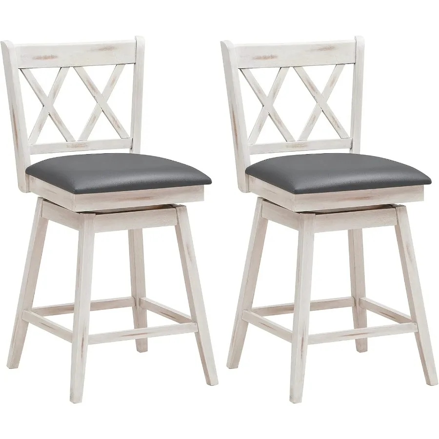 Bar Stool Set of 2 for Pub and Kitchen Islands, Antique White + Grey Upholstered Cushion with Ergonomic Backrest, 360 Swivel, 2