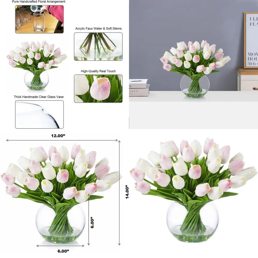 

30 Stems Realistic Touch Tulips in Vase, White & Pink for Dining Tables, Home Decor, Wedding Centerpieces