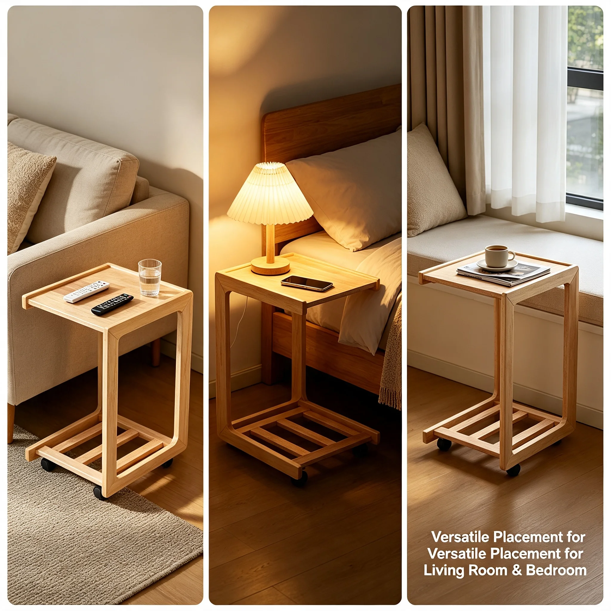 C-Shaped End Table with Wheels, Mobile Side Table with C-Design for Sofa Bed, 33 lbs Capacity per Tier, Rubber Wood Modern Nightstand for Living Room Bedroom, Wood Color
