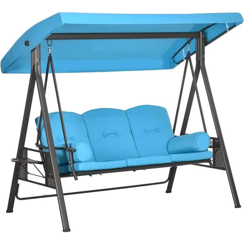 3-Seat Patio Swing Chair, Outdoor Porch Swing Glider with Adjustable Canopy, Removable Cushion, Pillows and Side Trays