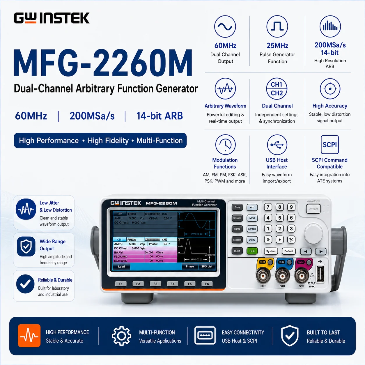 Function Generator Arbitrary Waveform Signal Source GWINSTEK MFG2110 MFG2120, Multi-Function Generator for Electronic Testing