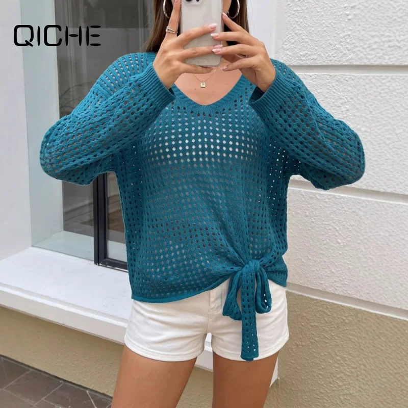 QICHE 2026 Women V Neck Hollow Out Knit Pullover Tie Bow Long Sleeve Loose Slouchy Cover Up Sweater Top