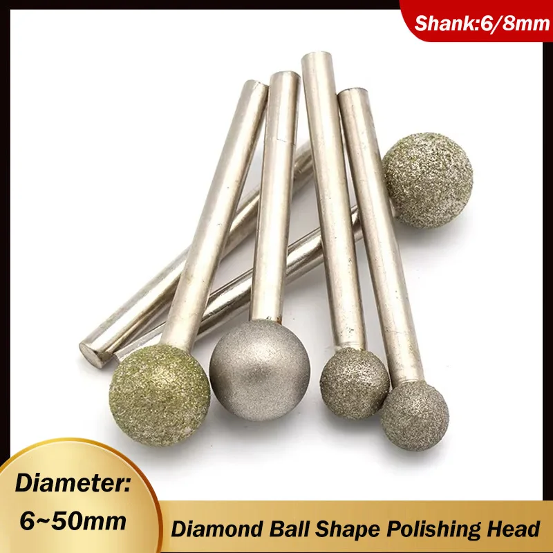6~50mm Ball Round Diamond Burr Grinding Bits With 6mm/8mm Shank Ball Shape Polishing Head For Carving Dremel Rotary Tools