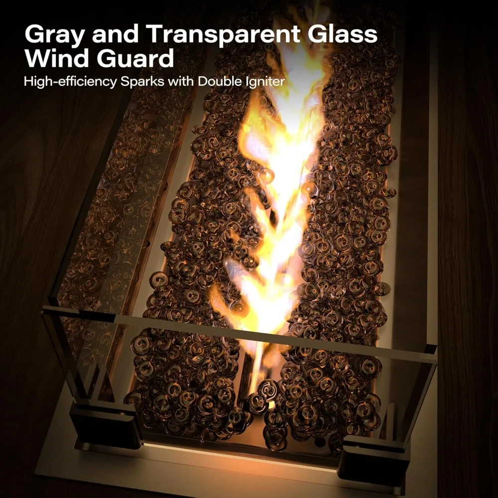 طاولة حفرة نار من البروبان مقاس 43 بوصة مع غطاء وموقد غاز بقدرة 55,000 وحدة حرارية بريطانية للفناء الخارجي، وواقي من الرياح الزجاجي، وفيني رمادي لامع #4