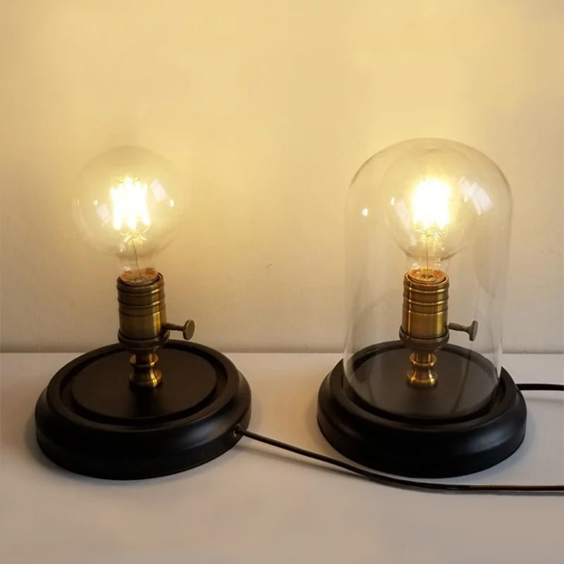 

Vintage Industrial Desk Lamp Retro Edison bulb Loft Black Wood Base E27 Table Lights with switch or Glass lampshade