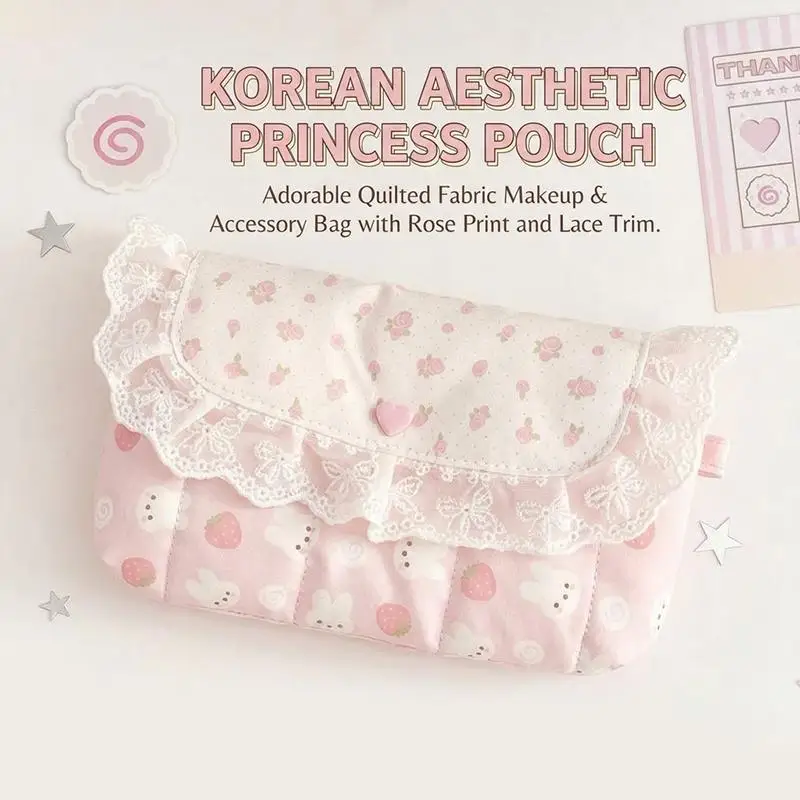 1 Piece Pink Plaid Lace Storage Bag with Polka Dot Bow, Cute and Stylish Flip-Top Makeup Bag for Girls, Middle School Students'