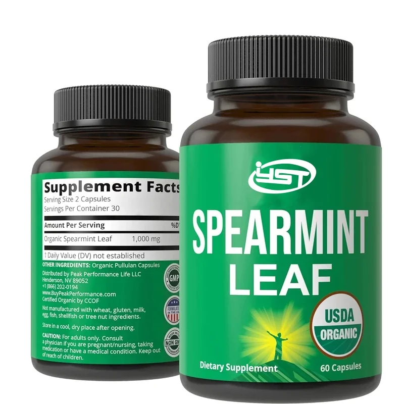 USDA Organic Spearmint Capsules. Organic Vegetarian Spearmint Leaf Pill, Suitable for Acne, Digestive Support, Intake, PCOS, Etc