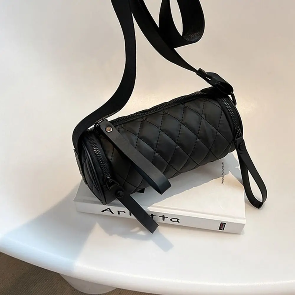 

Cute Elegant Nylon Shoulder Bag Korean Style Plaid Rhombus Crossbody Bag Handbag Solid Color Cylinder Bag Office Worker