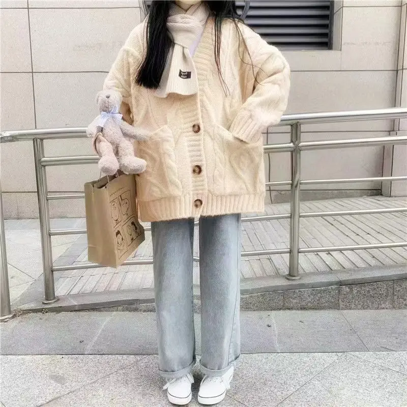 

College Style Fried Dough Twists Sweater Coat Female Student New Loose Versatile Long Sleeve Top