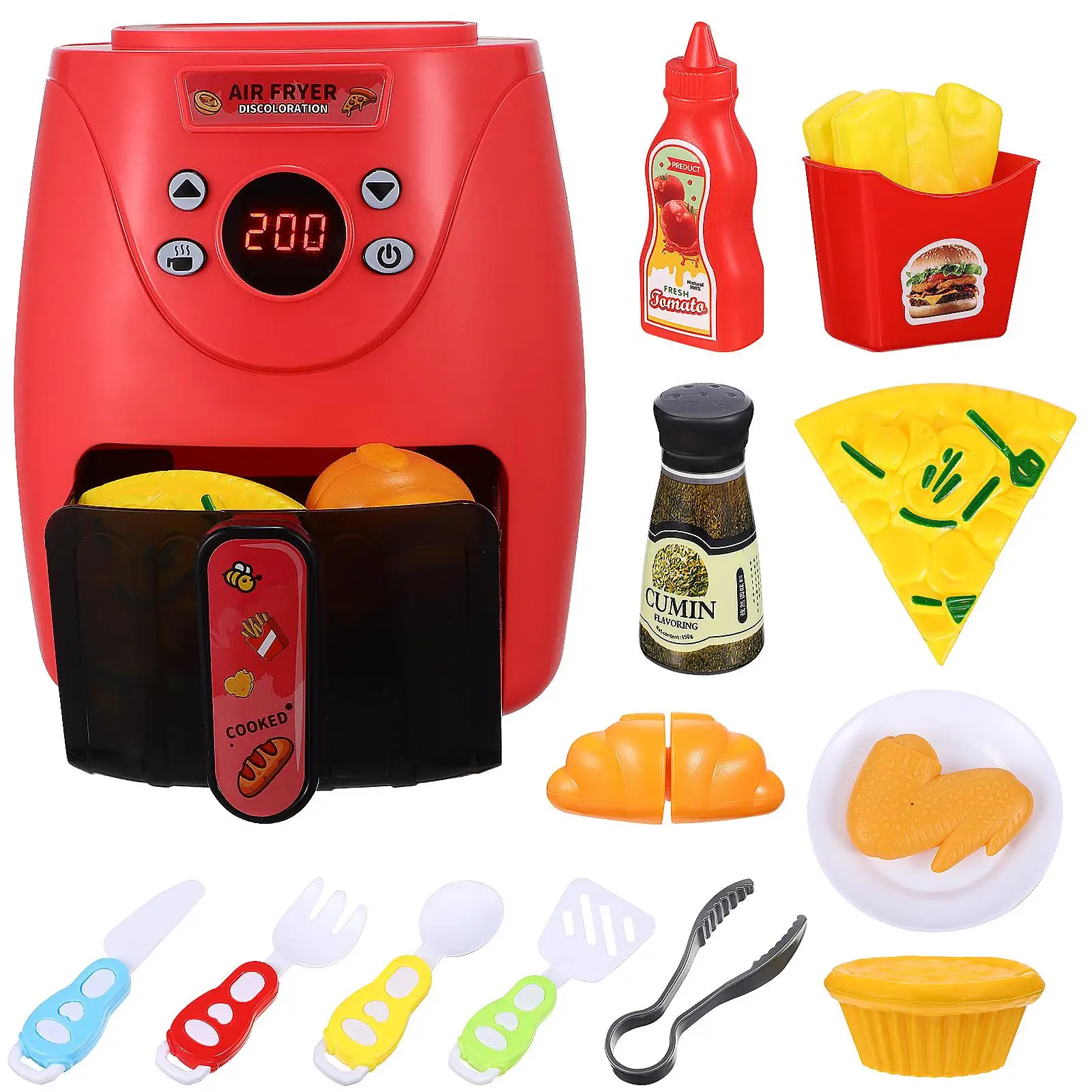 Tomato Red Color Changing Air Fryer with Play Food Kitchen Pretend Plaything Toy Model Abs