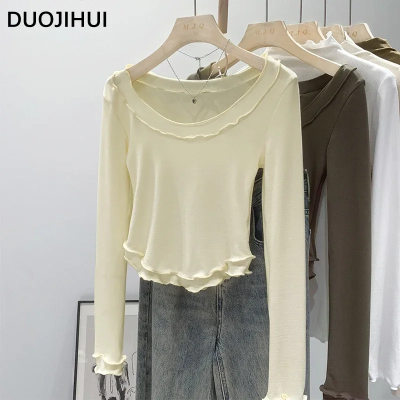 

DUOJIHUI Sweet Apricot Slim Autumn Basic Women T-shirts New Fashion Neck Solid Color Office Ladies Casual Simple Female T-shirts