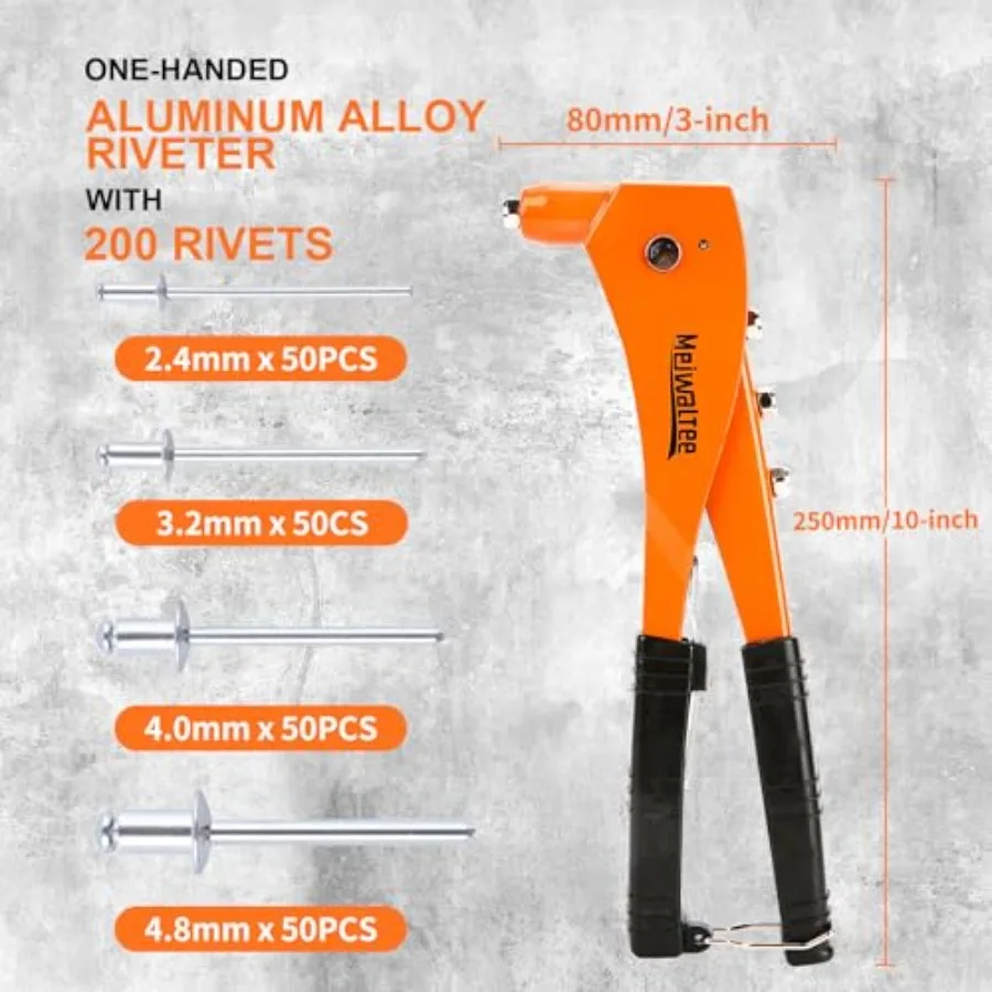 プロ仕様のアルミニウム合金リベットガン、200個のリベットと4つのドリルビット付き、ヘビーデューティーな手動リベット打ちに最適、4つの交換可能なヘッド