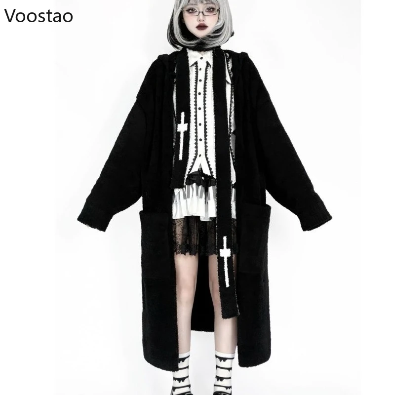 Y2k Esthetiek Lolita Stijl Lang Gebreid Vest Vrouwen Gothic Grunge Punk Capuchon Trui Jas Vrouwelijke Streetwear Truien Tops