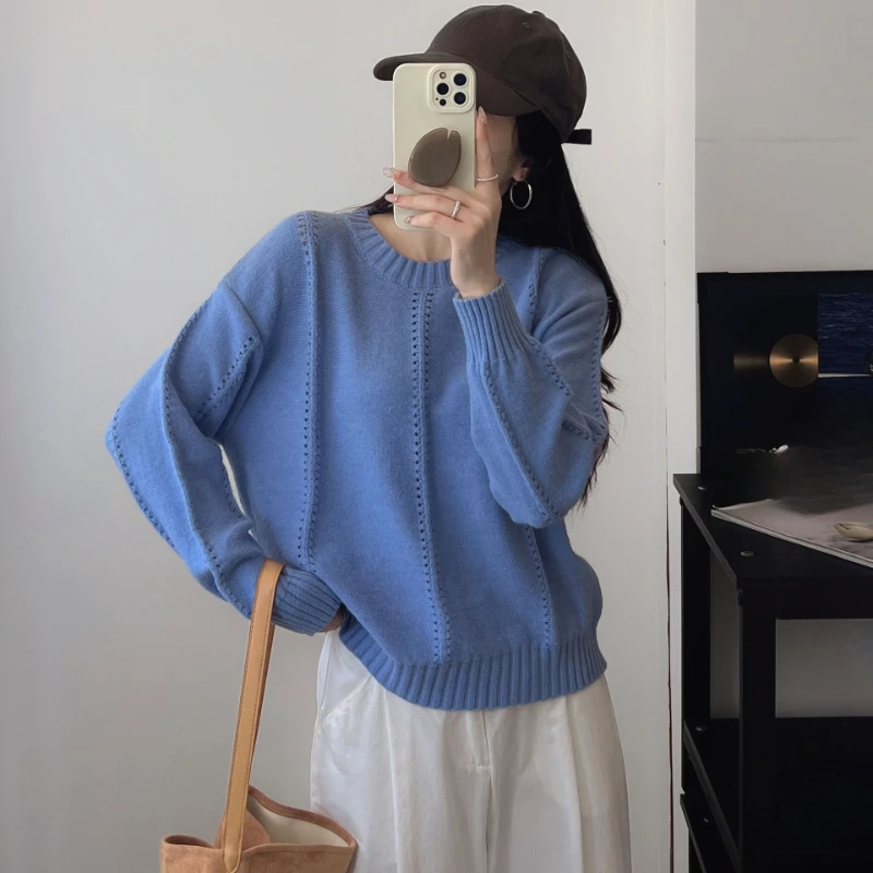 

Японский простой повседневный полый свитер, женский пуловер, осенний новый однотонный дизайн с круглым вырезом, вязаный свитер для женщин