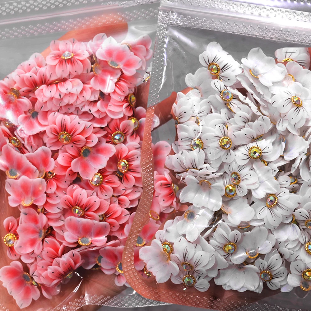 5Pcs DIY Handmade Acrylic Flower 11X16mm White/Pink 3D Butterfly Acrylic Nail Flower With Glitter Rhinestone Acrylic Side Flowe