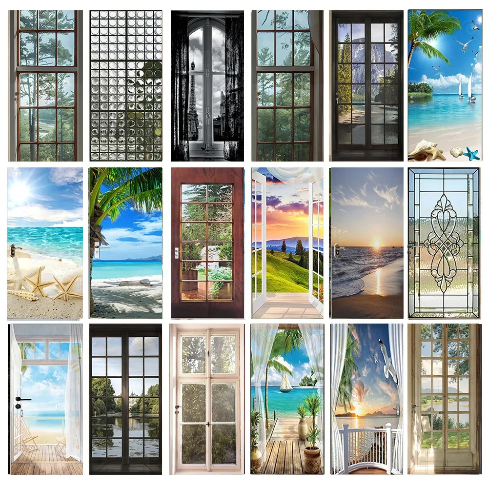 Imitation Glass View scenery Door Sticker Self Adhesive Eco Pvc Seaside Landscape Mural Door Wrap Cover Decals Peel and stick