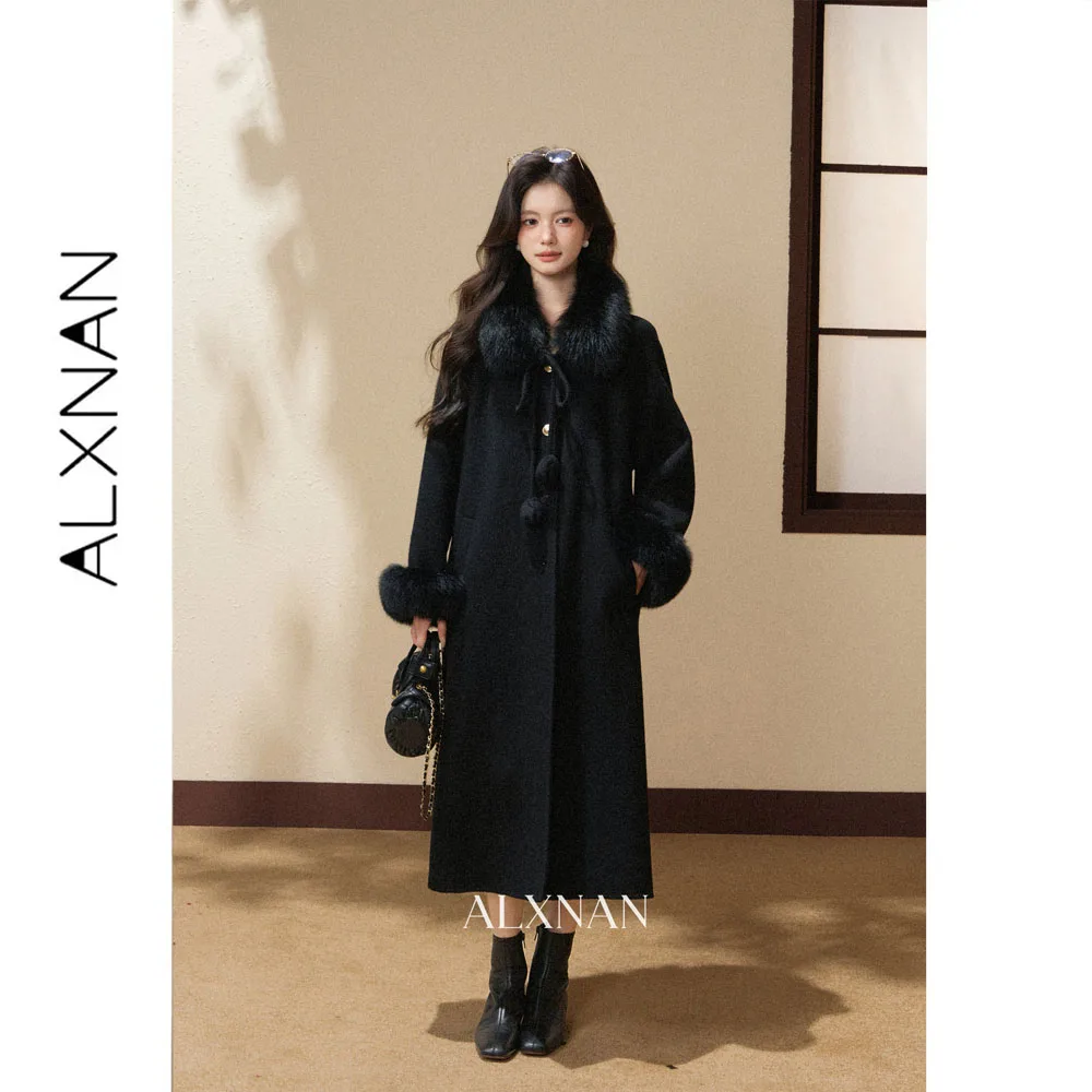 ALXNAN 100% Merino Wool Coat Single Breasted Black Long Wool Coat 2026 Warm Fashion Women's Autumn Winter Overcoat L68305