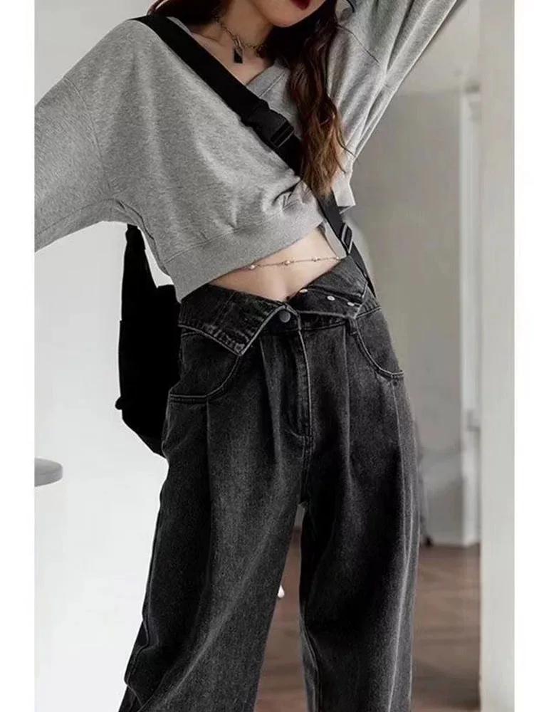 High Waist Wide Leg Denim Jeans Women plus Size Pear Shape Body Autumn Winter Loose Slim Straight Cut Trousers Commute Style