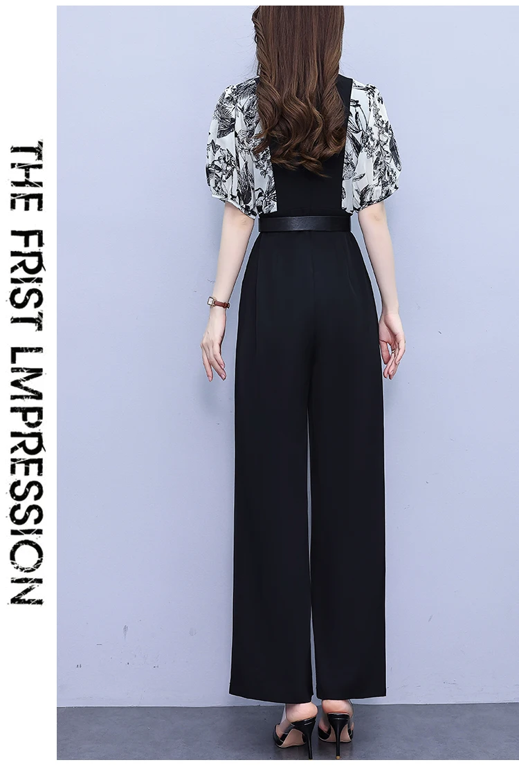 Real Photo 2025 Summer New Printed Chiffon Spliced Wide Leg Jumpsuit Slim Fit Bandage High Waist Jumpsuits Female