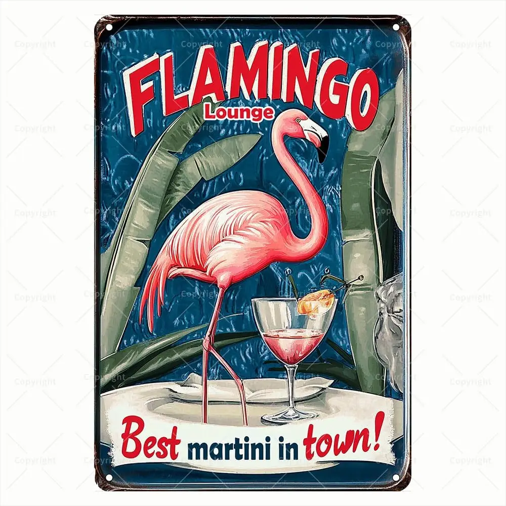Vintage Tin Sign - Flamingo Lounge Best Martini in Town Decorative Retro Flamingo Bar Sign - Metal Wall Art for Bar/Lounge/Kitch