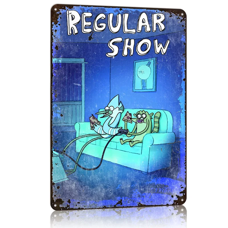 العرض العادي: ملصق معدني من Mordecai and Rigby Gaming Tin Sign علامات معدنية قابلة للتخصيص لتزيين الحائط الفني وديكور المكتب القديم