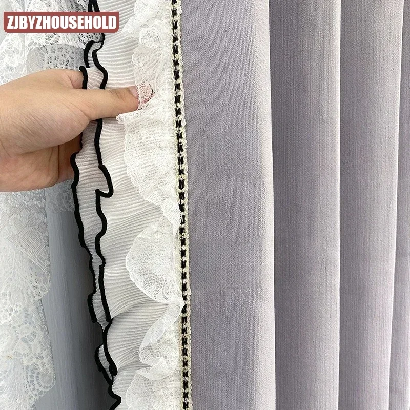 

French Chenille American Style Curtains for Living Room Bedroom Blackout Cream Light Simple Black Lace Style Decor Custom Tulle