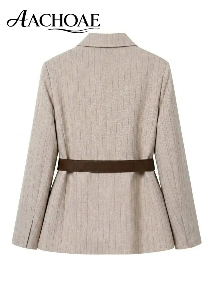 AACHOAE Women's Belted Stripe Blazer Jacket Structured Slim Suit Coat  Office Chic Long Sleeve Tailored Waist Belt Jacket Women