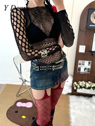 Y Demo Sexy Y2k Slim Hollow Out Perspective Long Sleeve T-shirt O-neck Knit Elastic Tops
