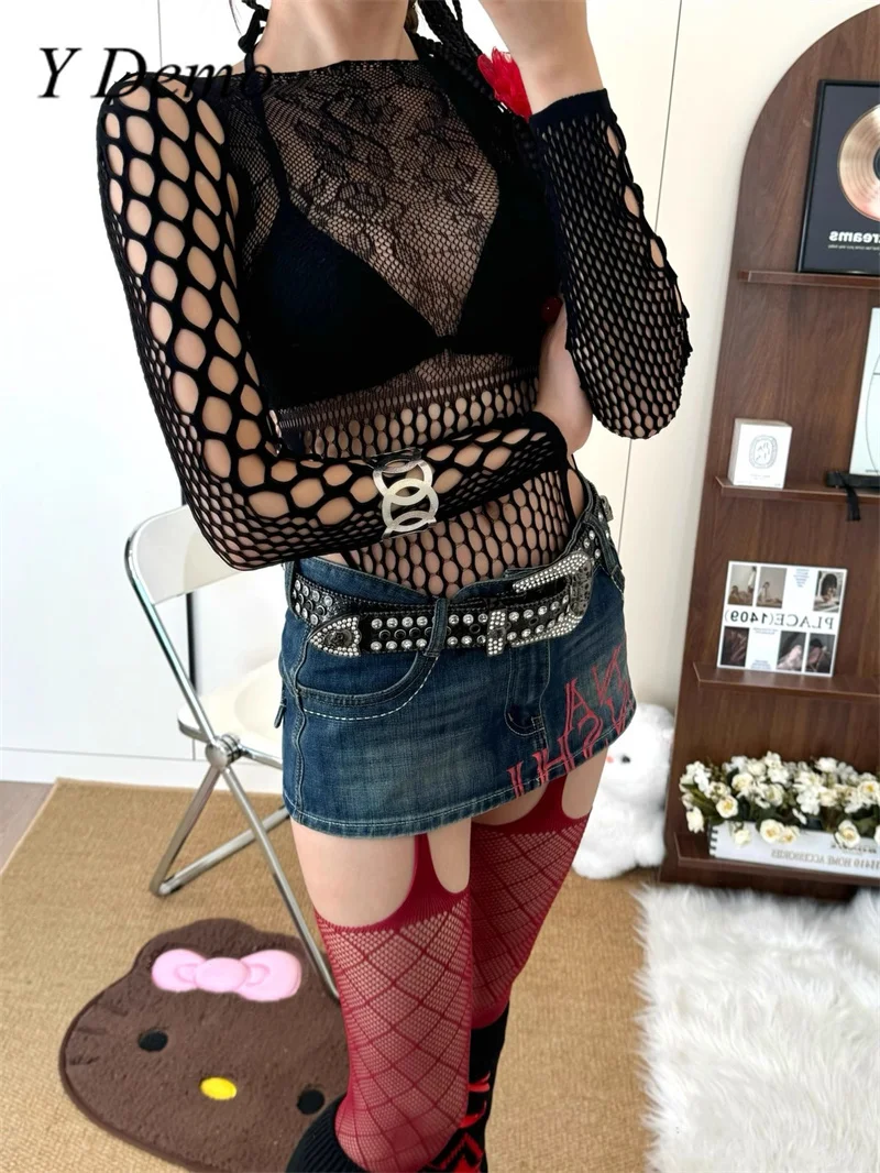 Y Demo Sexy Y2k Slim Hollow Out Perspective Long Sleeve T-shirt O-neck Knit Elastic Tops