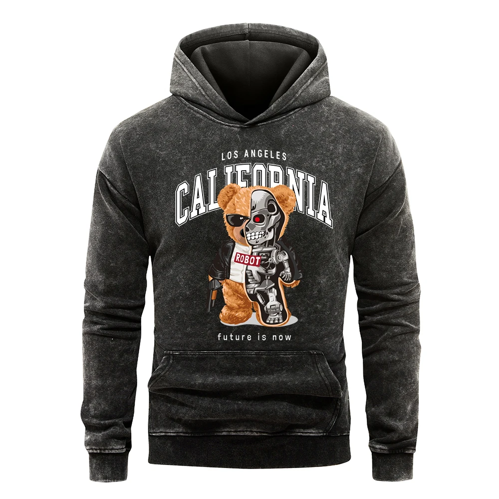 Cartoons Mecha Bear California Letter Print Washed Hoodies Man Fashion Cotton Hoody Oversize All-Match Top Fashion Men Pullover