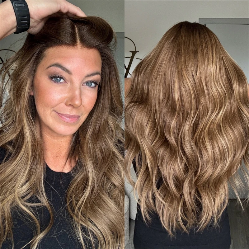 Balayage Ombre Honey Brown Blonde Streaks Synthetic HD Lace Frontal Wig Syntheic Blend Human Hair Wig For White Black Women Use