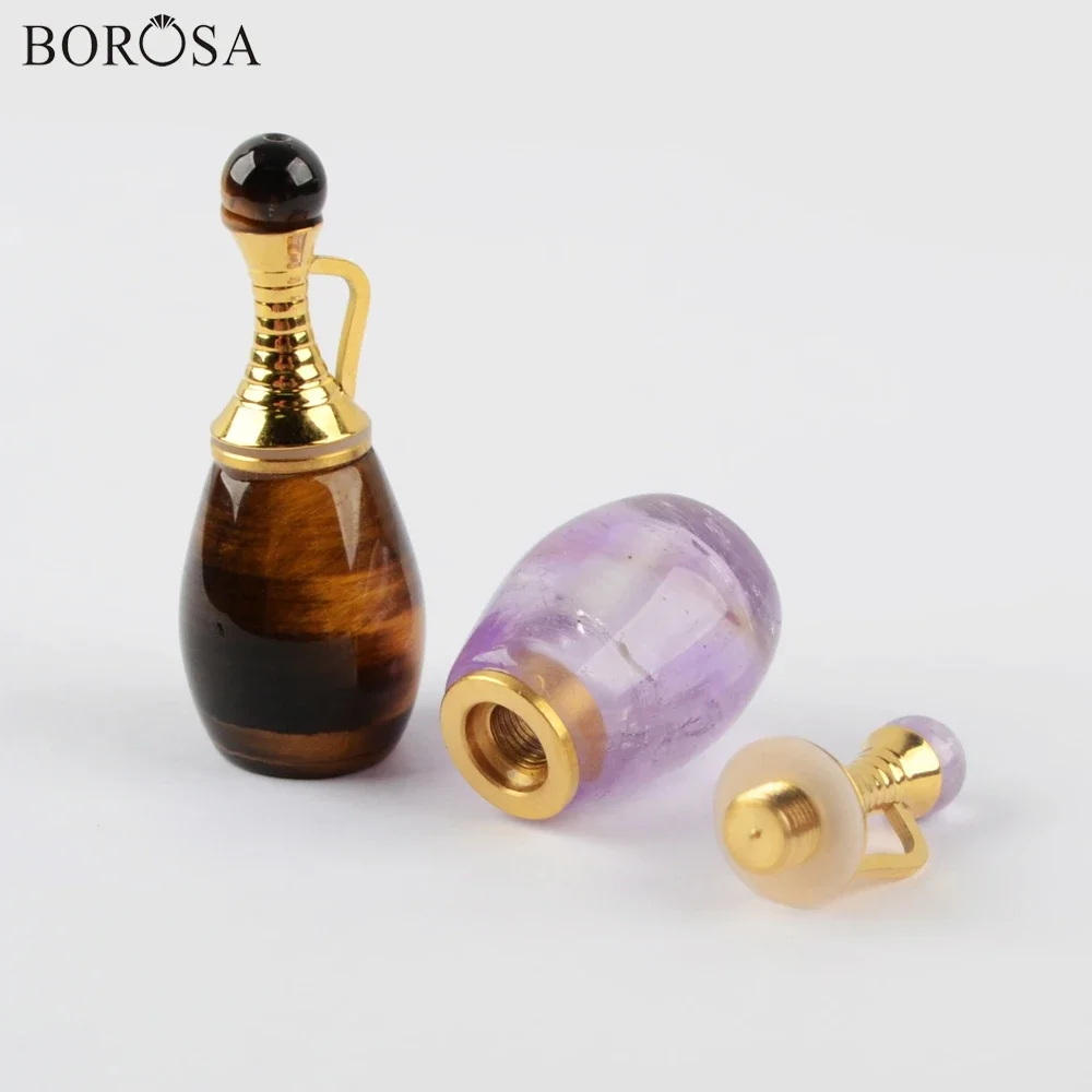 Delicate Gild Multi-kind Natural Gemstone Charm Perfume Bottle for Necklace White Quartz Perfume Diffuser for Women Jewelry