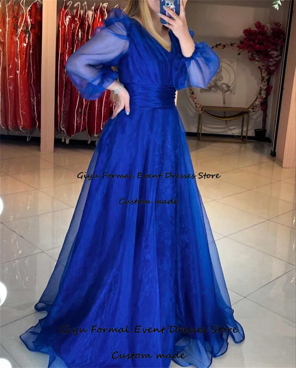 Giyu A-Line Deep V-Neck Evening Gown Dress Blue Full Sleeve Floor-Length Prom Dress Vestidos De Fiesta Elegantes Para Mujer 2024